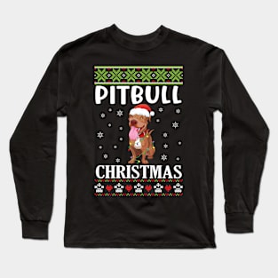 Pitbull Dog Dancing With Snow Merry Christmas Day Dad Mommy Long Sleeve T-Shirt